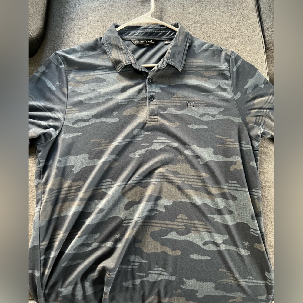 Travis Mathew Men's Black and Gray Camo Polo